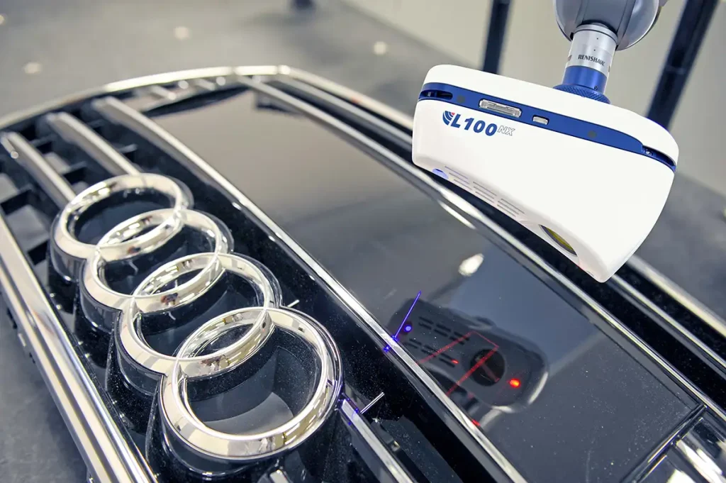 LK Metrology optical laser-scanner on CMM inspecting automotive part